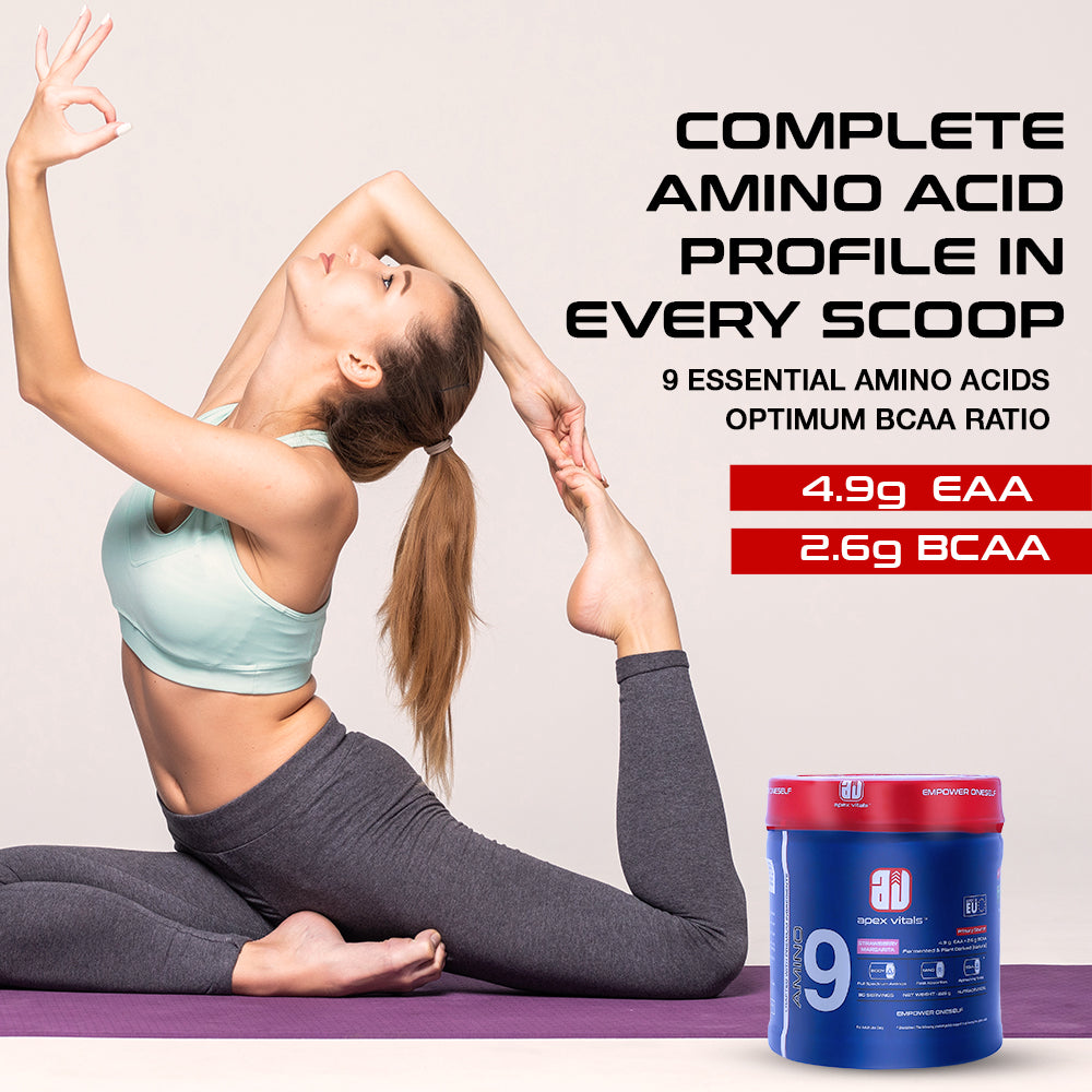 Apex Vitals Amino 9 EAA | Complete Amino Acid Complex | EAA Supplement for Men | 4.9g EAA + 2.6g BCAA per Serving | Fermented & Plant-Derived Formula | 225g (30 Servings)