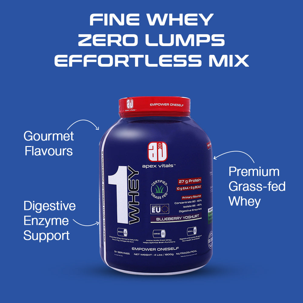 Apex Vitals 1 Whey – Grass-Fed Protein Powder | 27g Protein | 10g EAA + 5g BCAA | Concentrate & Isolate Blend | With Enzymes | EU-Sourced | 4lbs