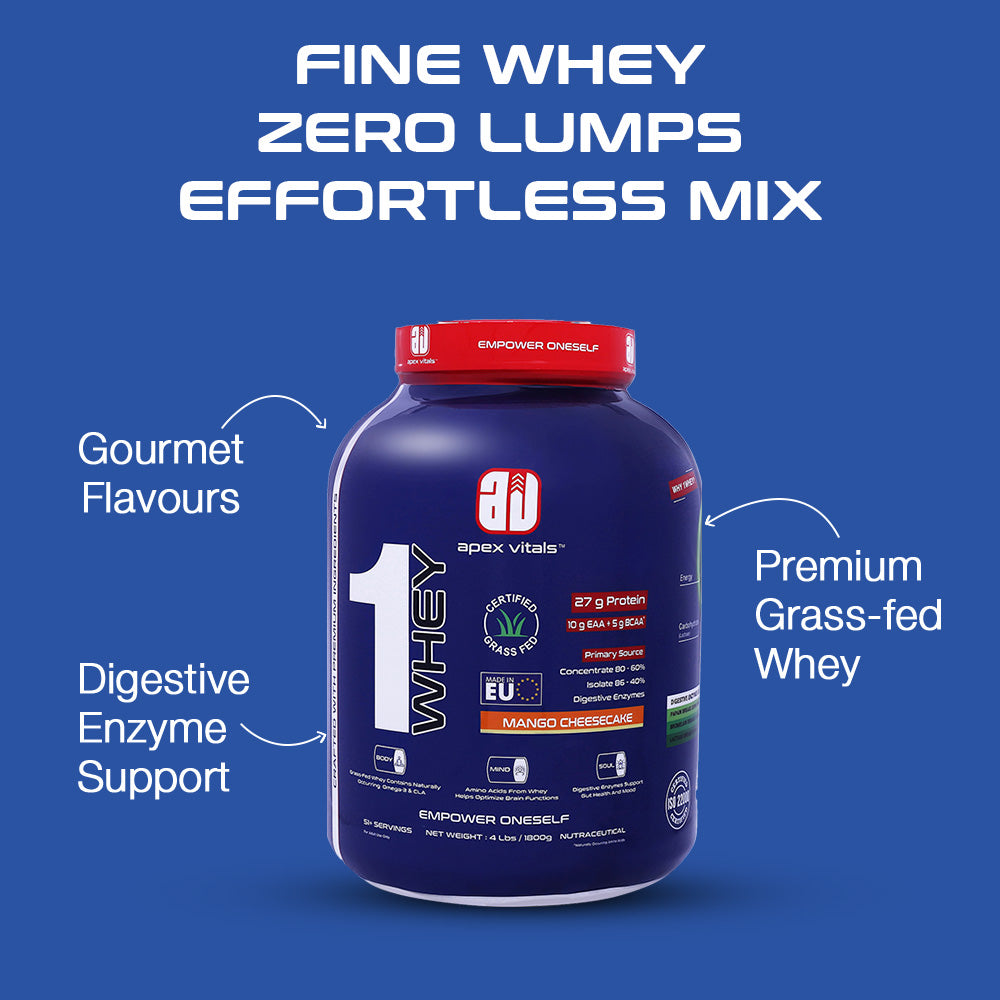 Apex Vitals 1 Whey – Grass-Fed Protein Powder | 27g Protein | 10g EAA + 5g BCAA | Concentrate & Isolate Blend | With Enzymes | EU-Sourced | 4lbs