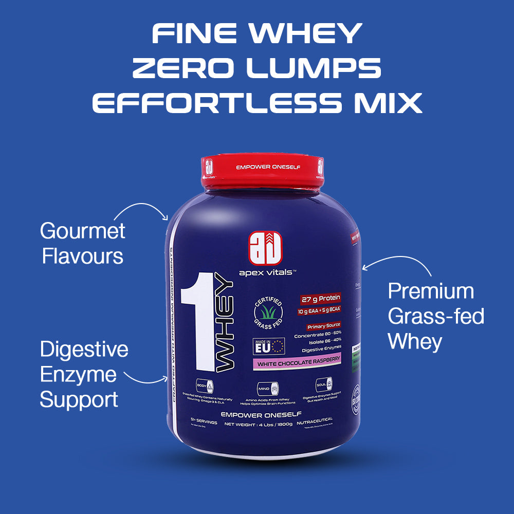 Apex Vitals 1 Whey – Grass-Fed Protein Powder | 27g Protein | 10g EAA + 5g BCAA | Concentrate & Isolate Blend | With Enzymes | EU-Sourced | 4lbs