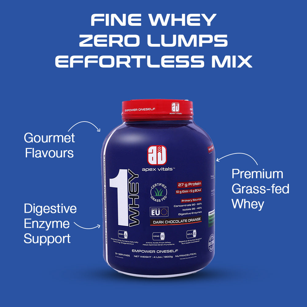 Apex Vitals 1 Whey – Grass-Fed Protein Powder | 27g Protein | 10g EAA + 5g BCAA | Concentrate & Isolate Blend | With Enzymes | EU-Sourced | 4lbs