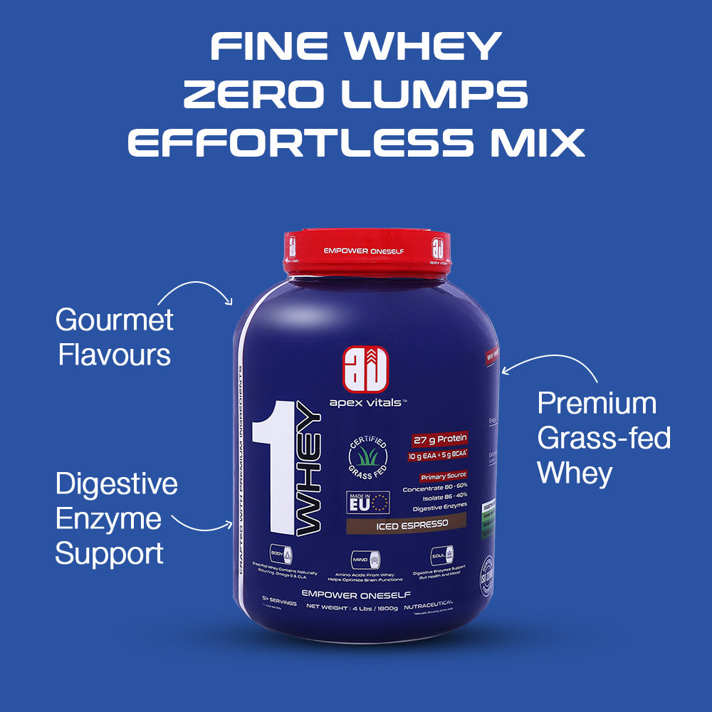 Apex Vitals 1 Whey – Grass-Fed Protein Powder | 27g Protein | 10g EAA + 5g BCAA | Concentrate & Isolate Blend | With Enzymes | EU-Sourced | 4lbs
