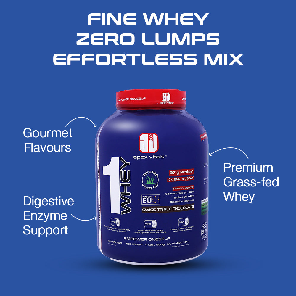 Apex Vitals 1 Whey – Grass-Fed Protein Powder | 27g Protein | 10g EAA + 5g BCAA | Concentrate & Isolate Blend | With Enzymes | EU-Sourced | 4lbs