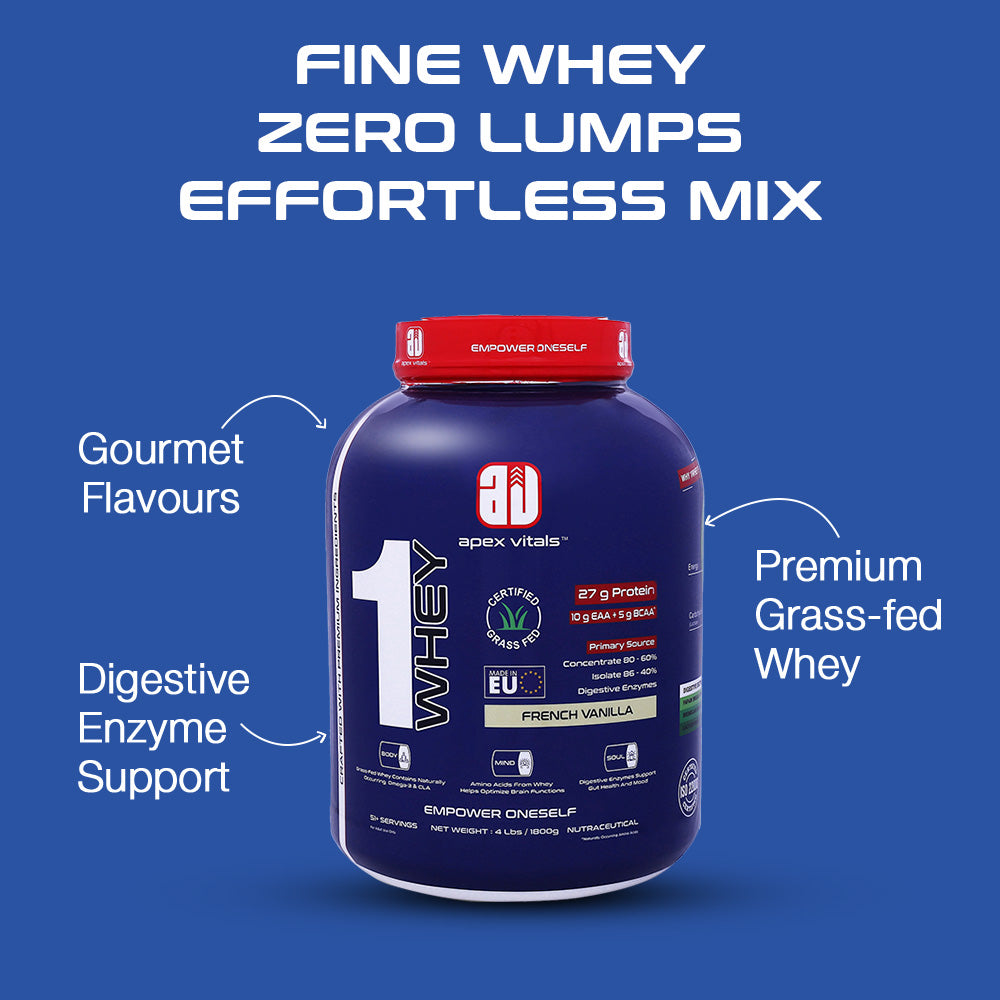 Apex Vitals 1 Whey – Grass-Fed Protein Powder | 27g Protein | 10g EAA + 5g BCAA | Concentrate & Isolate Blend | With Enzymes | EU-Sourced | 4lbs
