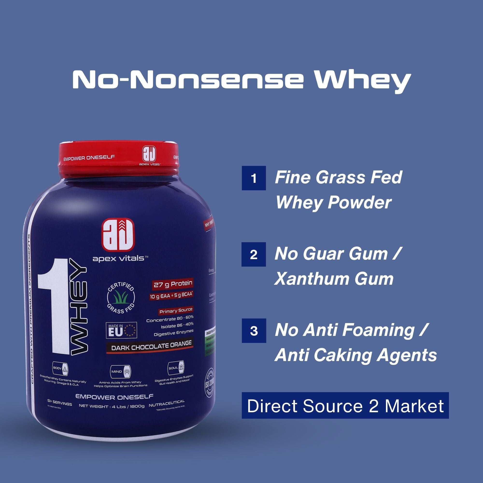 Apex Vitals 1 Whey – Grass-Fed Protein Powder | 27g Protein | 10g EAA + 5g BCAA | Concentrate & Isolate Blend | With Enzymes | EU-Sourced | 4lbs