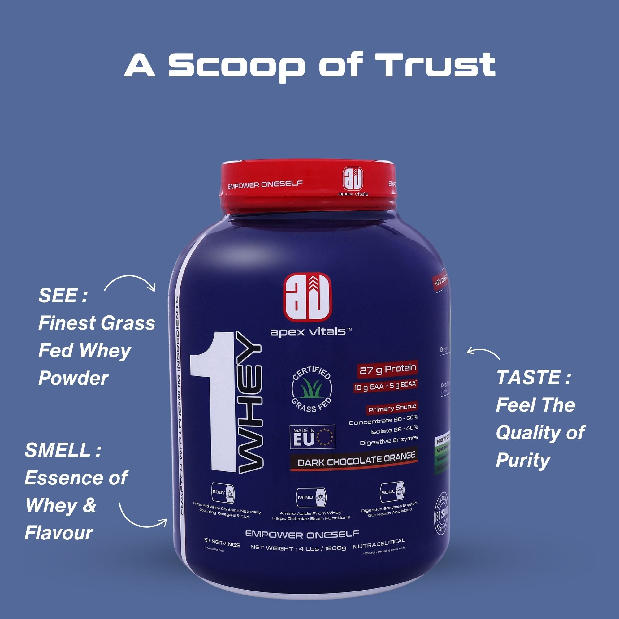 Apex Vitals 1 Whey – Grass-Fed Protein Powder | 27g Protein | 10g EAA + 5g BCAA | Concentrate & Isolate Blend | With Enzymes | EU-Sourced | 4lbs