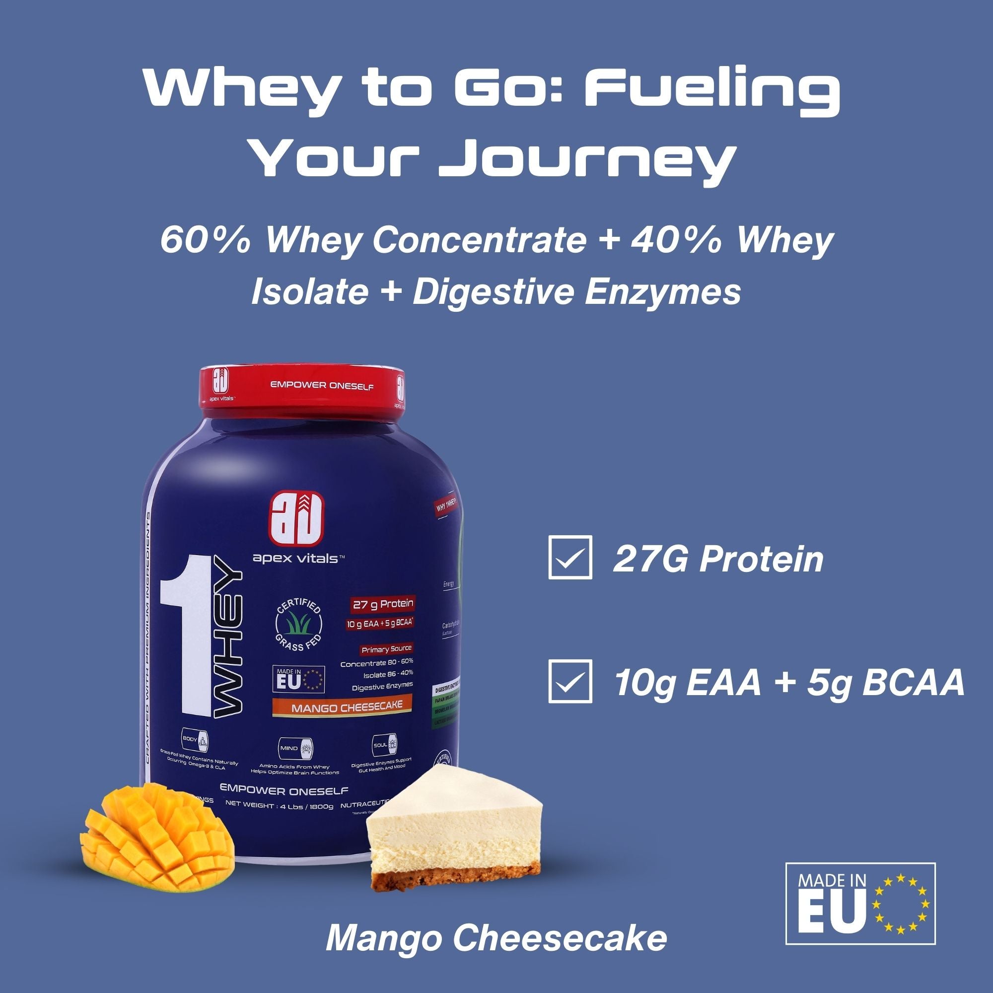 Apex Vitals 1 Whey – Grass-Fed Protein Powder | 27g Protein | 10g EAA + 5g BCAA | Concentrate & Isolate Blend | With Enzymes | EU-Sourced | 4lbs
