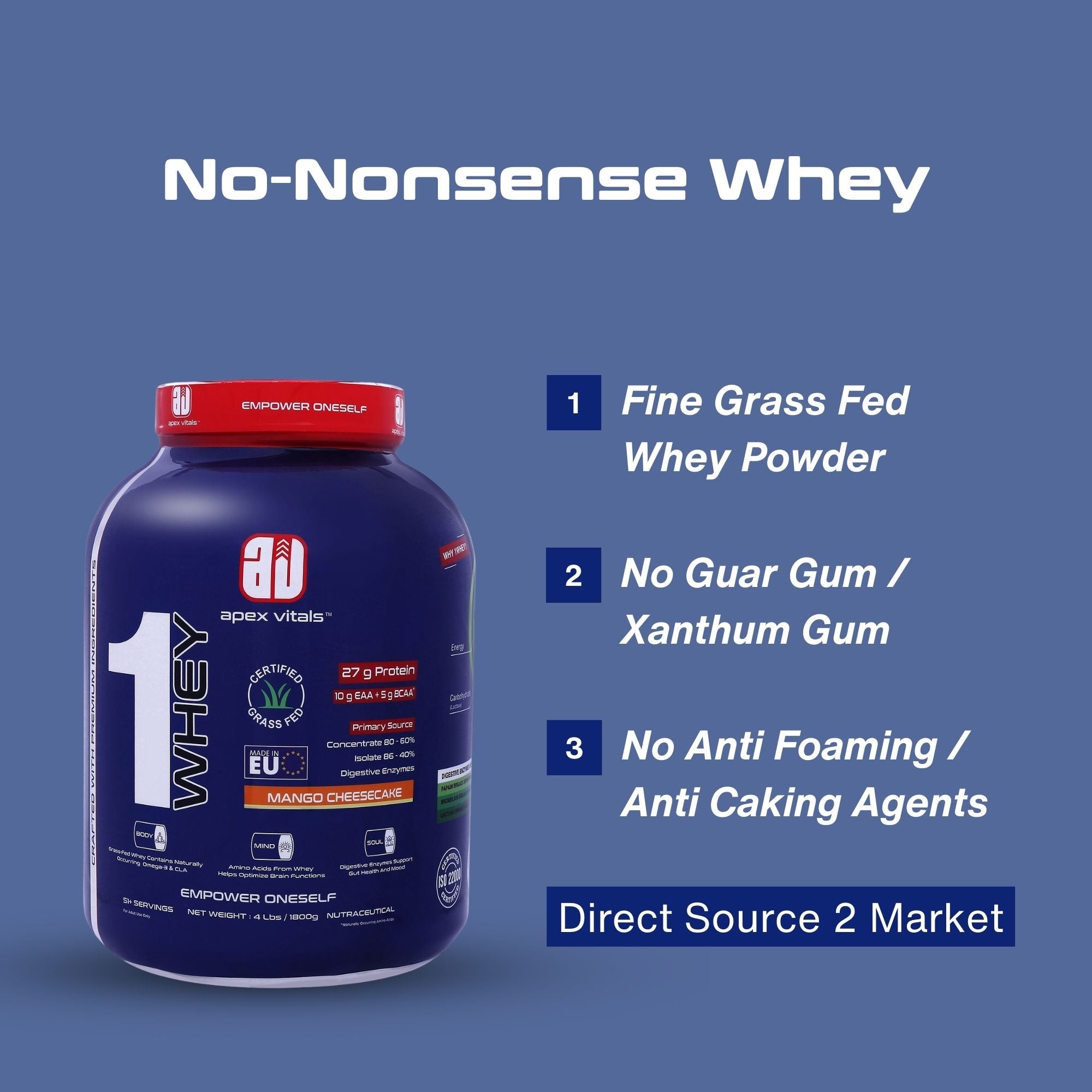 Apex Vitals 1 Whey – Grass-Fed Protein Powder | 27g Protein | 10g EAA + 5g BCAA | Concentrate & Isolate Blend | With Enzymes | EU-Sourced | 4lbs