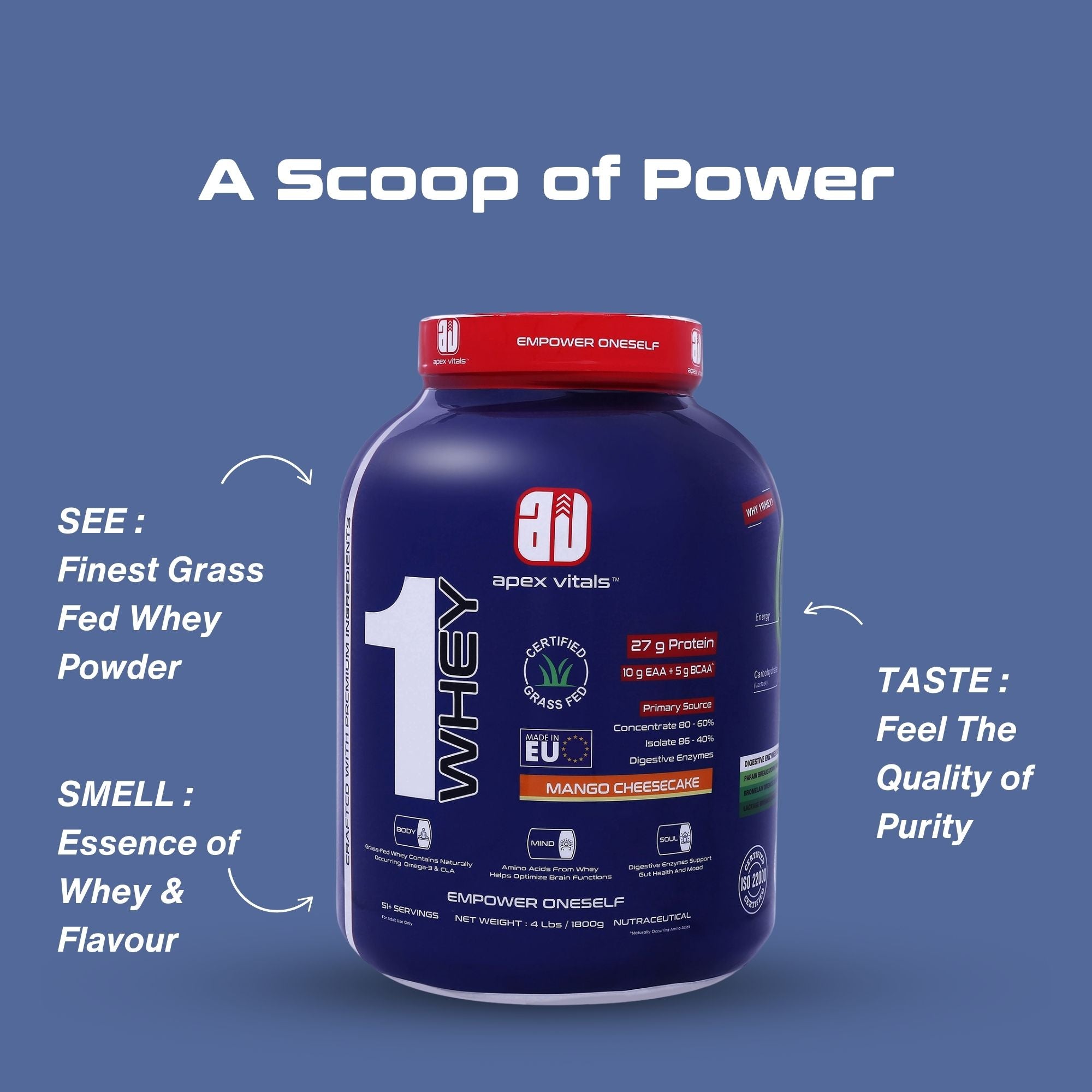 Apex Vitals 1 Whey – Grass-Fed Protein Powder | 27g Protein | 10g EAA + 5g BCAA | Concentrate & Isolate Blend | With Enzymes | EU-Sourced | 4lbs