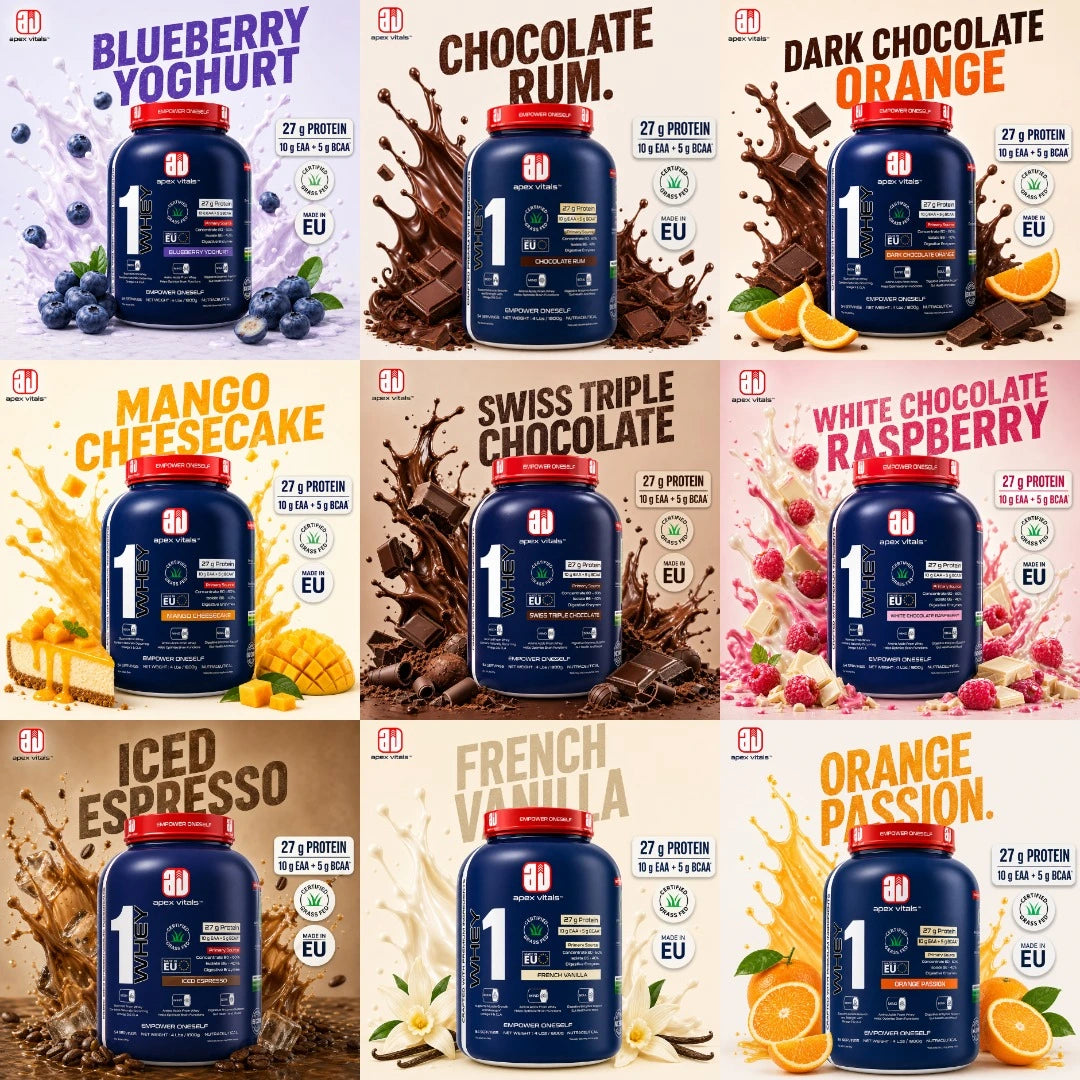 Apex Vitals 1 Whey protein powder flavors collection including Blueberry Yoghurt, Chocolate Rum, Dark Chocolate Orange, Mango Cheesecake, Swiss Triple Chocolate, White Chocolate Raspberry, Iced Espresso, French Vanilla and Orange Passion