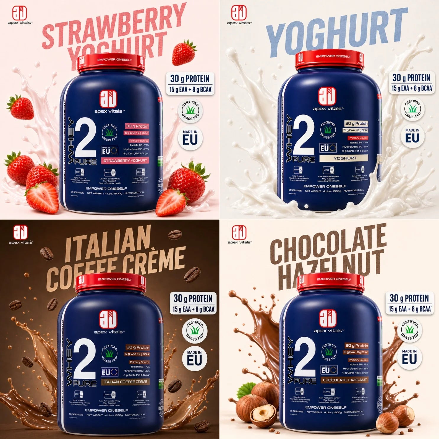 Apex Vitals Whey 2 Pure protein powder in Strawberry Yoghurt, Yoghurt, Italian Coffee Crème and Chocolate Hazelnut flavors